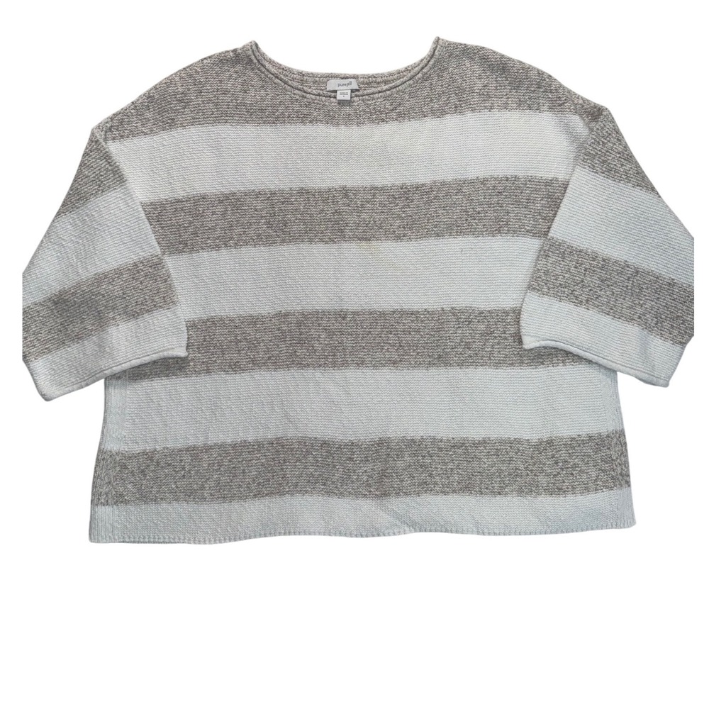 Pure Jill J. Jill White Tan Striped Cotton Sweater Oversized Boatneck Small